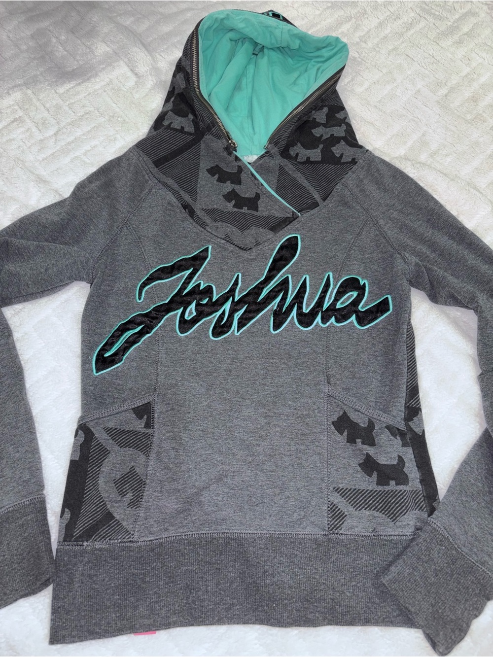 Joshua Women's Gray Hoodie with Aqua Lined Hood